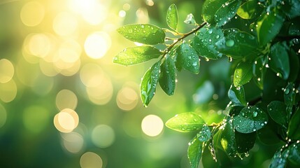 Blurred nature abstract background featuring soft green foliage, water droplets, and warm sunlight bokeh. -
