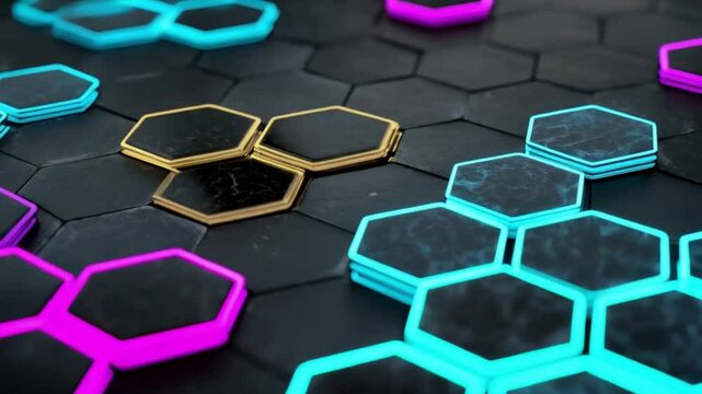 Abstract Hexagon Pattern with Neon Lights - Technological Background