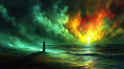 A solitary figure observes a vibrant, otherworldly sunset.