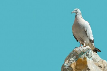 Obraz premium Grey pigeon perches atop a rock against a vibrant turquoise sky.