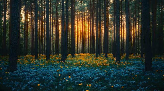 Sunlight streams through tall trees in a forest Blue  orange flowers create a carpet Deep forest light through branc