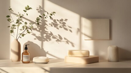 Beige Bathroom Still Life Soap, Dispenser, Eucalyptus Branch and Minimalist Decor
