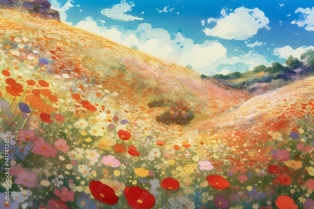 Poster 色とりどりの花咲く丘の風景 春の晴天の下 鮮やかな色彩で描かれた自然の美しさ