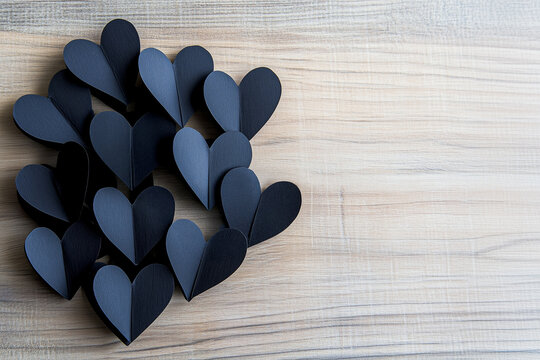 Assorted Black Hearts on Wooden Surface Creating a Calm and Moody Atmosphere