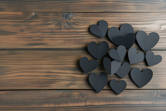 Assorted Black Hearts on Wooden Surface Creating a Calm and Moody Atmosphere