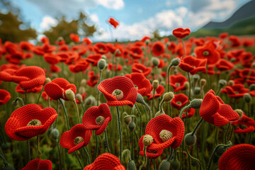 Bright Red Crochet Flowers with Ferns on a Green Background
