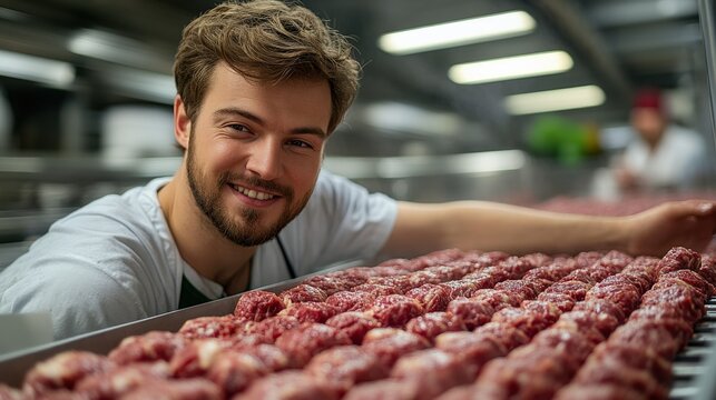 Young butcher smiling while arranging fresh meat products in a busy food processing facility