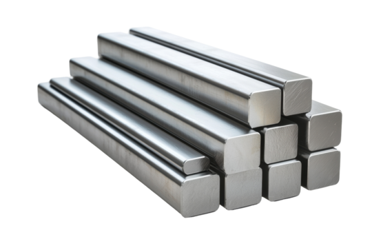 Stack of metal bars isolated on PNG transparent background, cut out