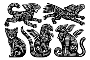 Fototapeta premium mayan cat ornament vector art, Detailed and aesthetic Mayan style cat ornament vector art. Perfect for historical, creative designs or unique decorations that blend ancient and modern cultures.