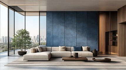 Modern living room with city views