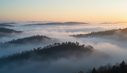 Fototapeta premium Breathtaking sunrise over misty hills nature landscape aerial view serene environment tranquil concept