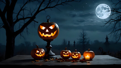 halloween pumpkin lantern at night, dark background