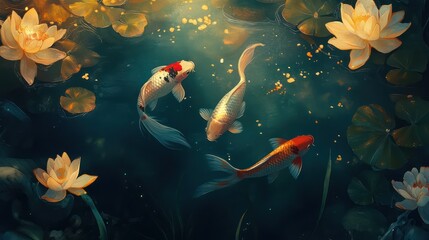 Koi Fish Swimming in Lotus Pond