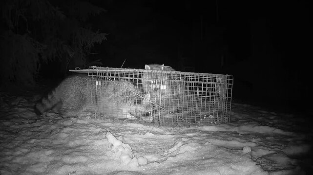 Two curious raccoons in search of food play dangerously with a cage designed to catch them painlessly in a nocturnal atmosphere on night camera.
