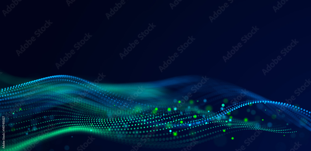 Fototapete abstract bright wave of glowing particles. the flow of musical sounds. big data visualization. 3d re