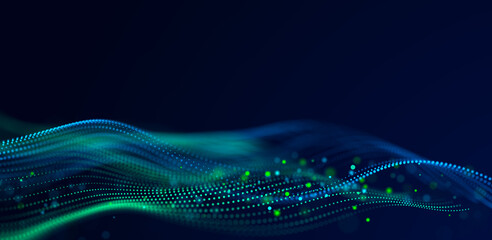 Abstract bright wave of glowing particles. The flow of musical sounds. Big data visualization. 3d rendering.