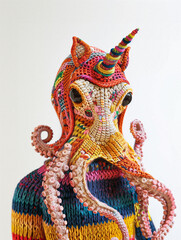 Obraz premium Colorful Octopus Costume with Unicorn Horn Featuring Intricate Crochet Design