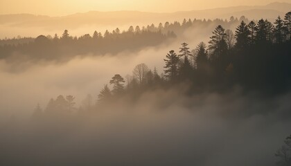 Fototapeta premium Misty sunrise over pine forest nature photography scenic landscape tranquil environment aerial view serene atmosphere for nature lovers