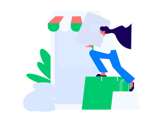 Holiday shopping people doing e-commerce online shopping flat vector concept operation hand drawn illustration
