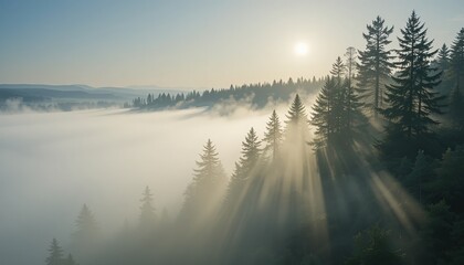 Fototapeta premium Morning fog and sunlight over forest landscape nature photography tranquil environment aerial view serenity concept