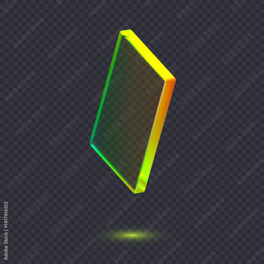 Poster 3d transparent glossy abstract cube or shape with dispersion effect. rainbow colors reflection glass