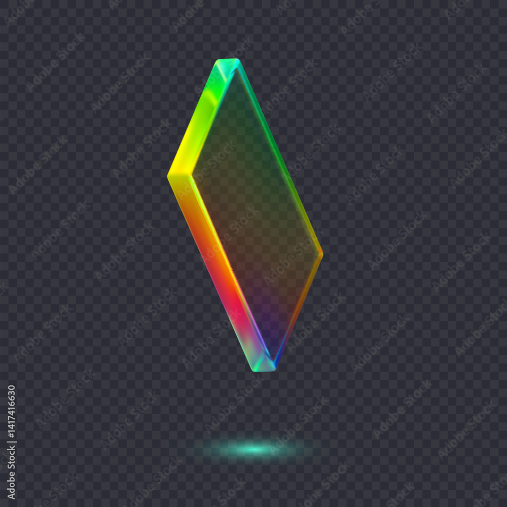 Poster 3d transparent glossy abstract cube or shape with dispersion effect. rainbow colors reflection glass