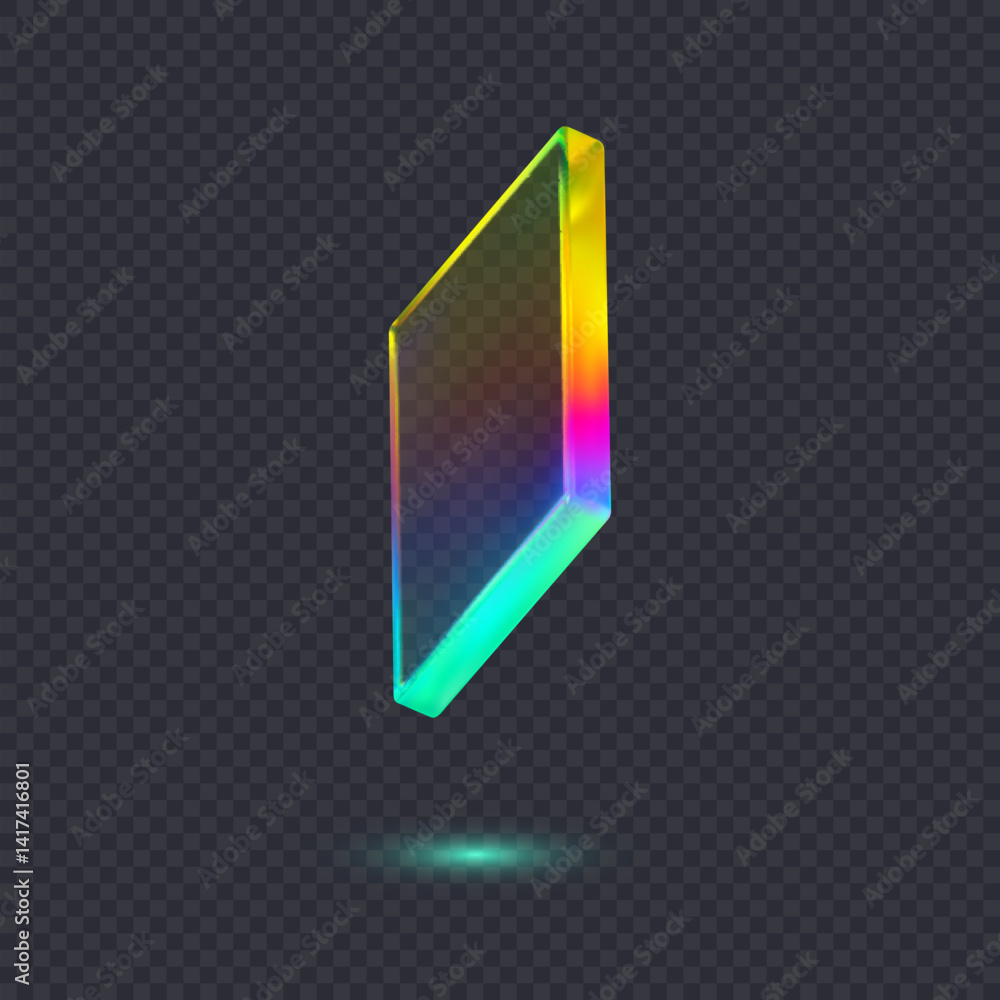 Poster 3d transparent glossy abstract cube or shape with dispersion effect. rainbow colors reflection glass