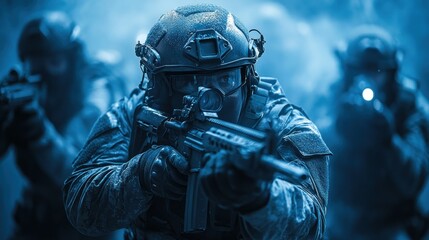 Fototapeta premium SWAT Team Operation: Blue-toned Close-up of a Soldier in Action