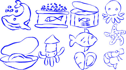 set of seafood icons in doodle style on white background.