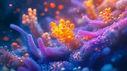 Obraz premium Vibrant, abstract coral-like structures illuminated by glowing orbs.