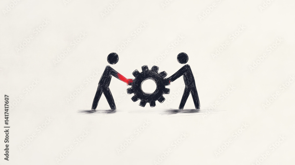 Poster two stick figures collaborate to move large gear, symbolizing teamwork and cooperation in achieving 