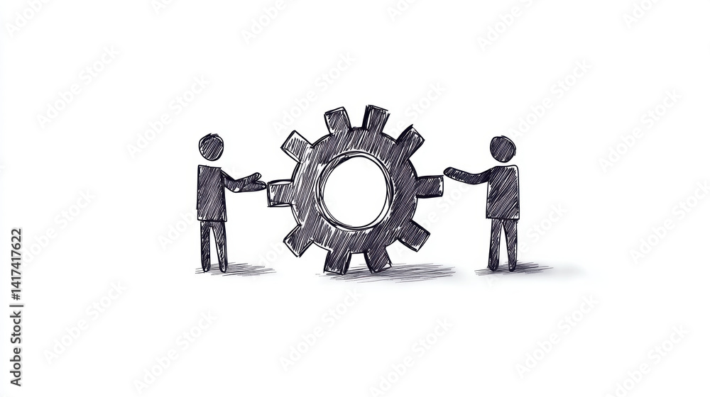 Poster two stick figures collaborate to push large gear, symbolizing teamwork and cooperation in achieving 
