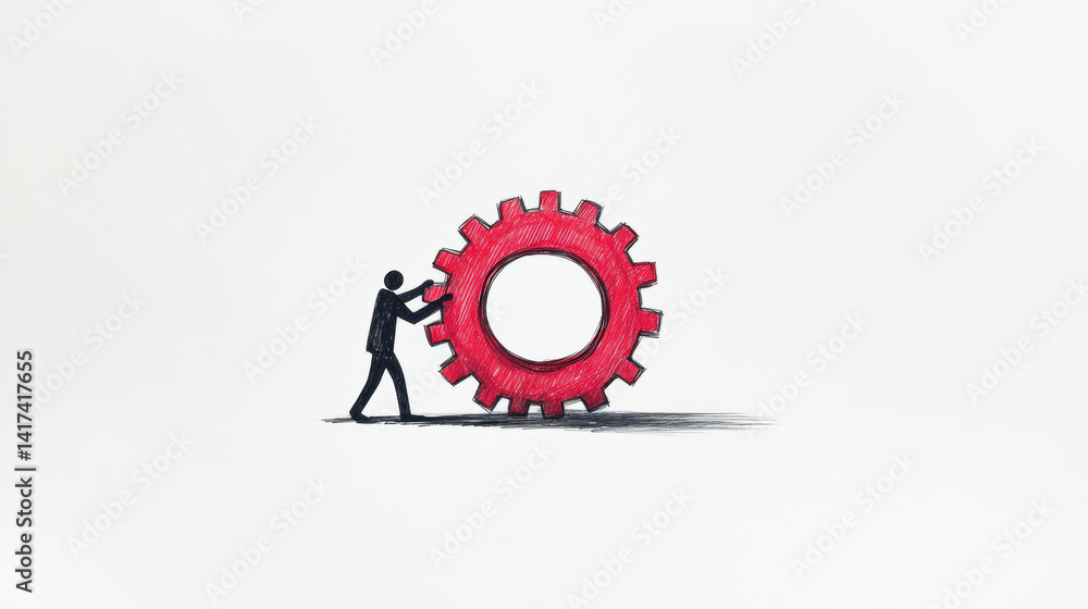 Poster stick figure pushes large red gear, symbolizing teamwork and effort in minimalist style. image conve