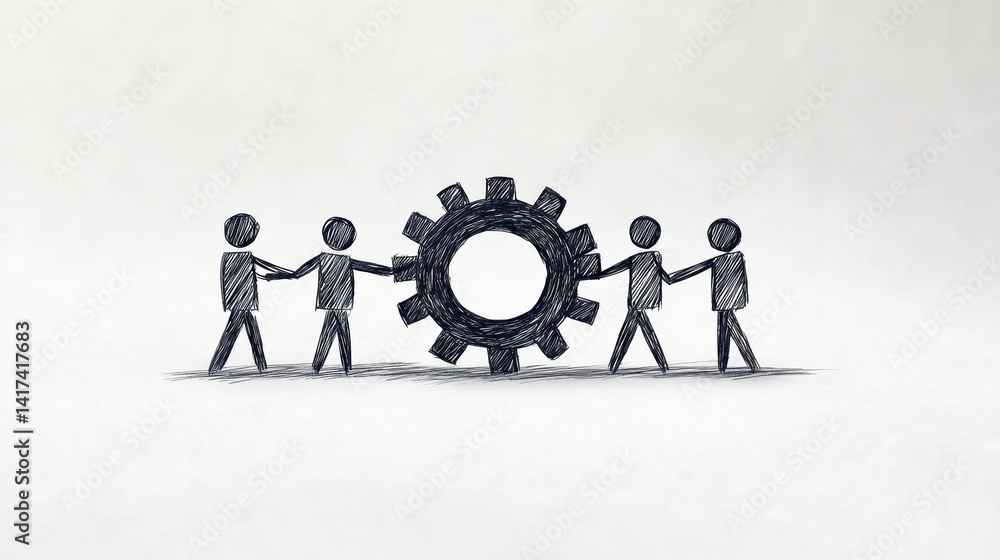 Poster stick figures collaborate to push large gear, symbolizing teamwork and cooperation in achieving comm