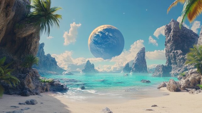 Exotic alien beach scene with giant planet rising over turquoise ocean waters