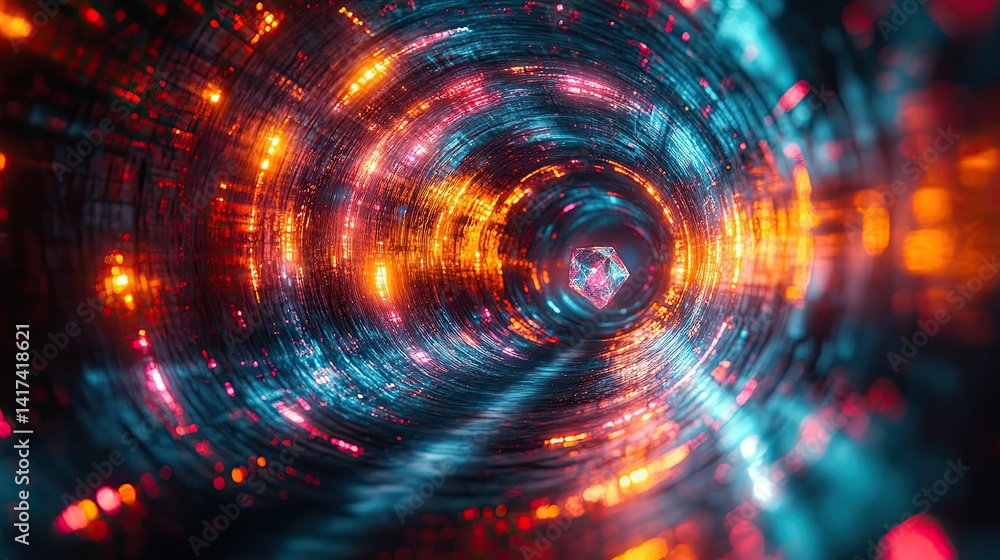 Poster abstract digital tunnel effect with vibrant concentric circles.