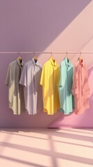 Assorted pastel clothes on rack under soft daylight in fashion showroom
