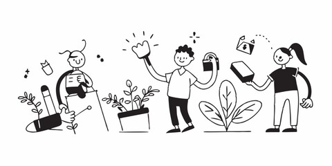 Doodle-style vector illustrations of gardening scenes with planting, watering, and harvesting tasks. 