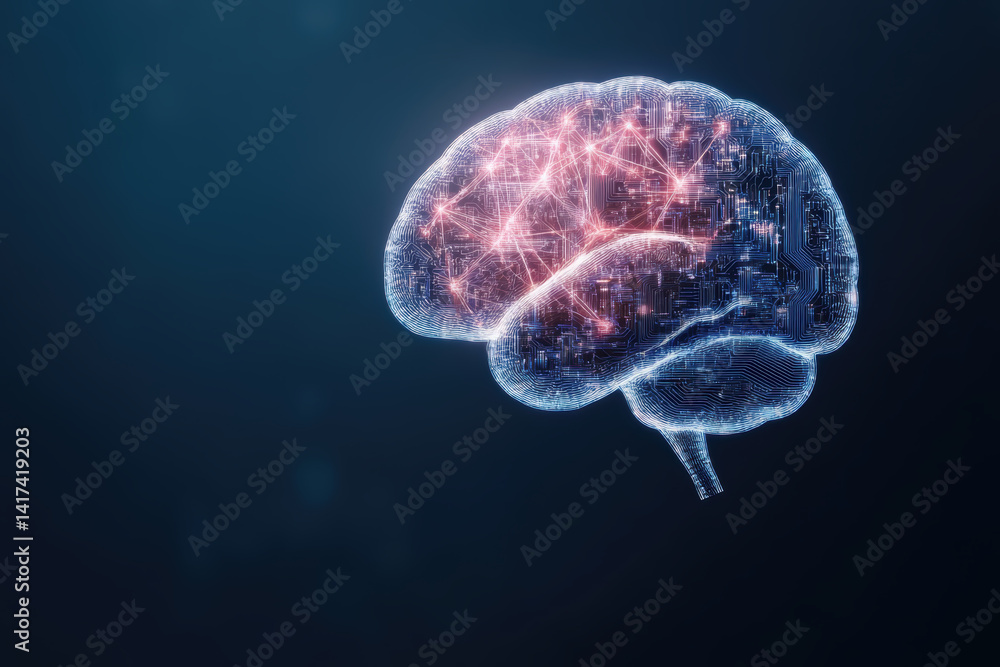 Poster digital representation of human brain made of circuit boards and glowing data connections, symbolizi