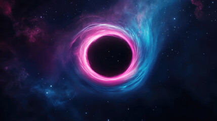 Obraz premium vibrant, swirling depiction of black hole in space, surrounded by colorful cosmic clouds and stars, creating mesmerizing and mysterious atmosphere