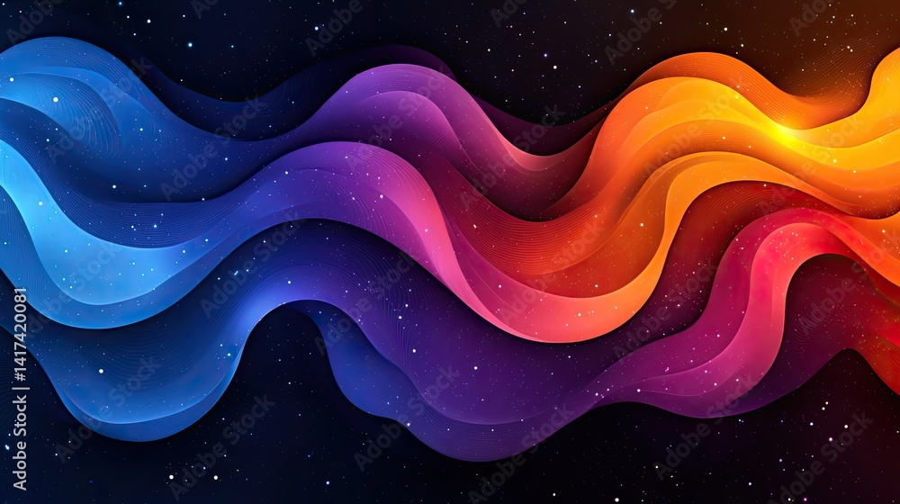 Poster abstract wave patterns of vibrant colors in a cosmic space.