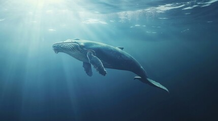 Fototapeta premium A majestic whale swims gracefully in the ocean depths, illuminated by sunlight filtering through the water, capturing a peaceful u