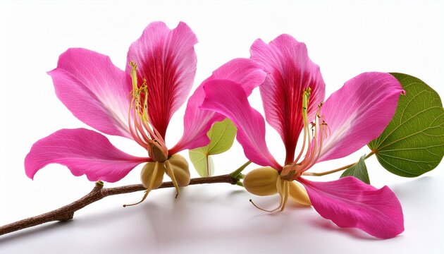 Flowering branch of Bauhinia Blake pink on a white isolated background Close up