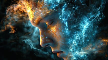 A person's face, enveloped in ethereal cosmic energy.