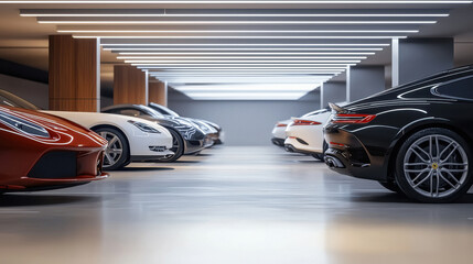 A high-end luxury apartment basement parking area with sleek polished concrete flooring, ambient led ceiling lighting in geometric patterns