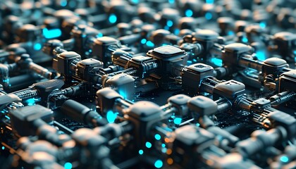 Obraz premium Observing the nano technology assembly line from above, micro components illuminate like city lights 