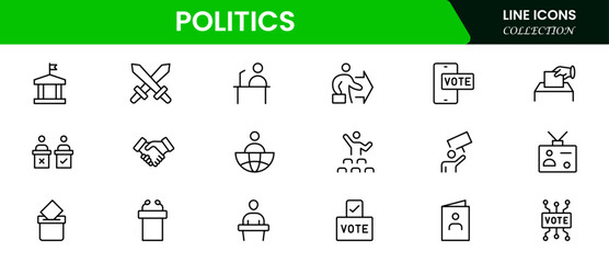 Politics icon set. It contains vector icons of Teams, Decrees, Votes, Absenteeism, Ballots, Campaigns, Demographics, Wars, Patriotism, Elections, Flags, Solutions, and Checking.