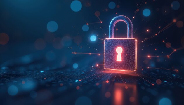 Digital padlock icon for cybersecurity and data protection concept on abstract technology background