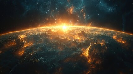 Fototapeta premium Fiery sunrise over a celestial orb.