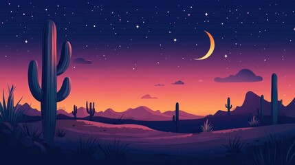 Naklejka premium Desert Night Landscape with Cacti and Crescent Moon